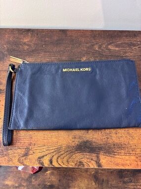 Michael Kors Navy Leather Wristlet Pouch with Gold Logo